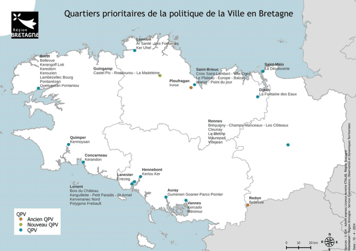 Carte des 31 quartiers prioritaires de la politique de la Ville en Bretagne